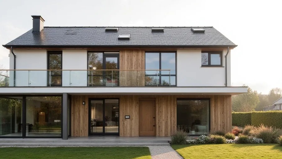 Modernes Wohnhaus mit hochwertigen Fenstern, Türen und Glasflächen